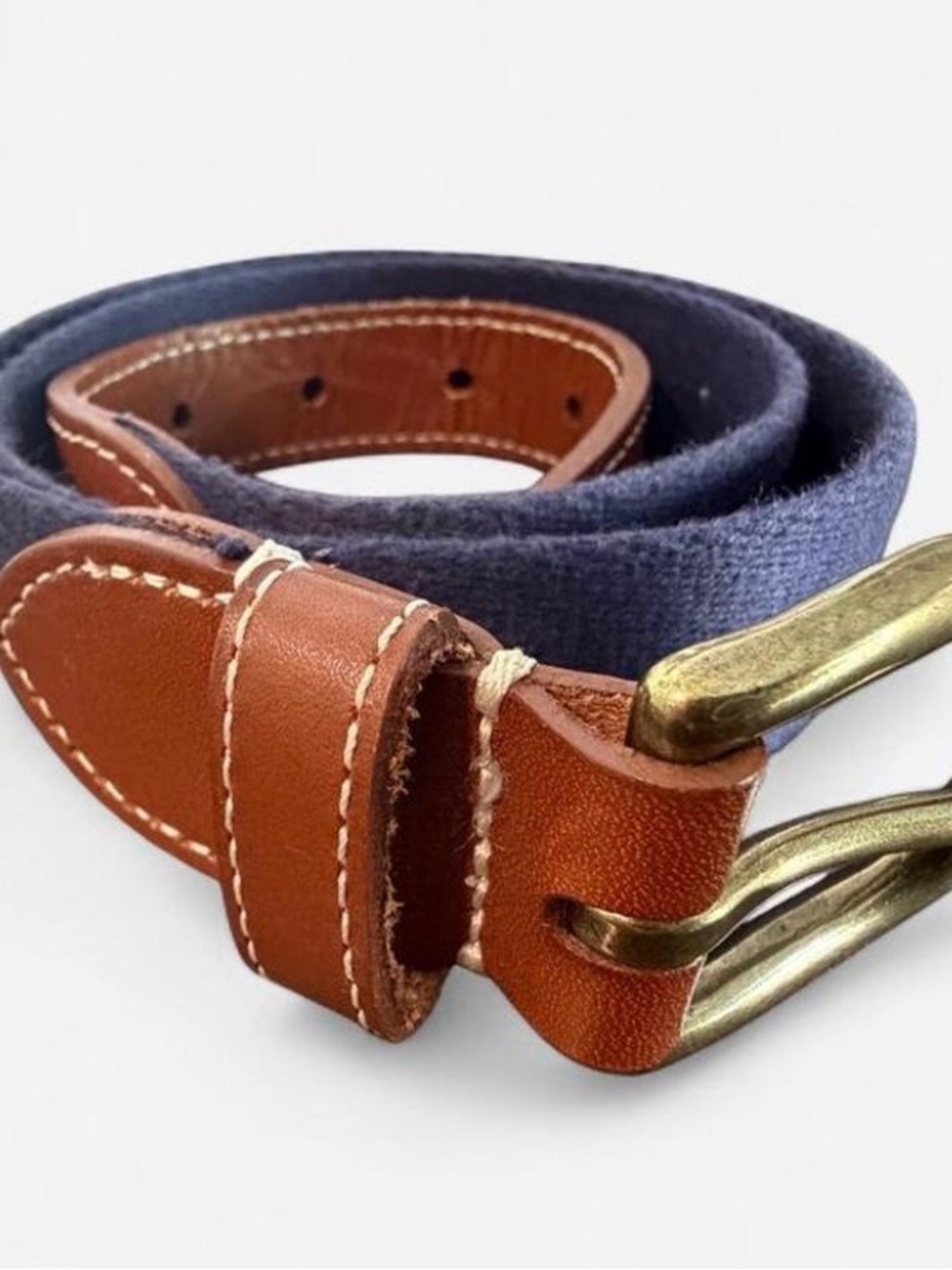 J. Crew Navy Fabric Belt with Brown Leather Trim and Brass Buckle